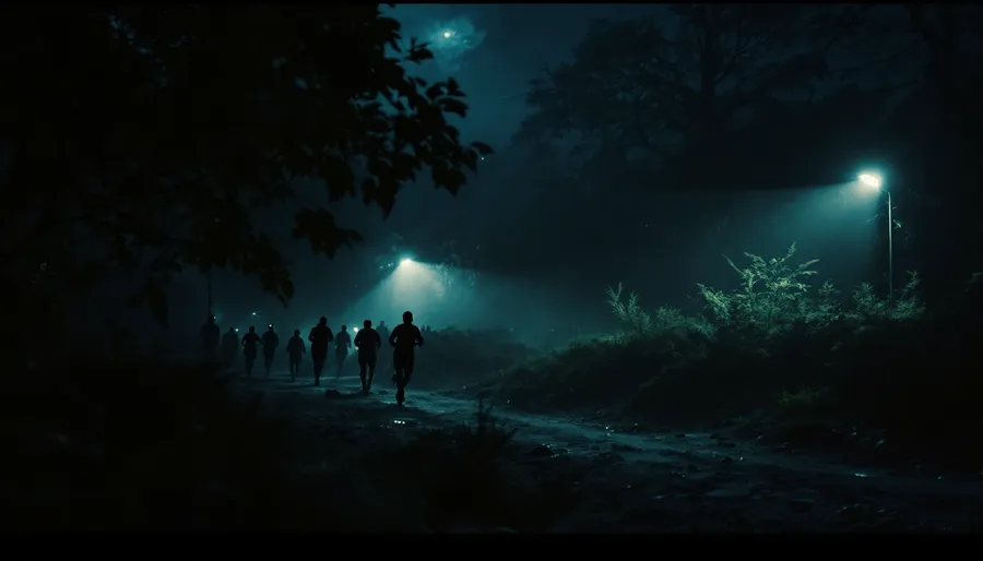 Grupo de corredores en silueta por una pista forestal de noche, entre la niebla y la luz de dos farolas