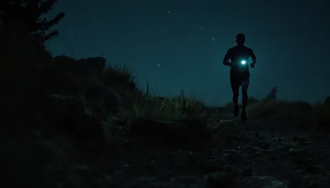 Corredor en silueta avanzando de noche por un sendero pedregoso, con la luz del frontal iluminando su pecho y el cielo estrellado al fondo