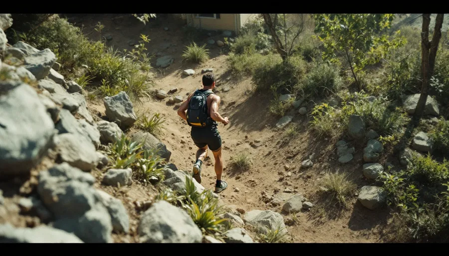 Corredor con mochila bajando de espaldas un sendero de tierra empinado entre rocas y matorral, a pleno día