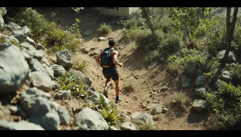Corredor con mochila bajando de espaldas un sendero de tierra empinado entre rocas y matorral, a pleno día