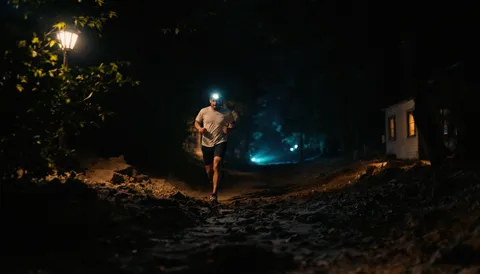 Corredor de frente con frontal encendido por un camino de tierra de noche, con una farola y una casa iluminada al fondo