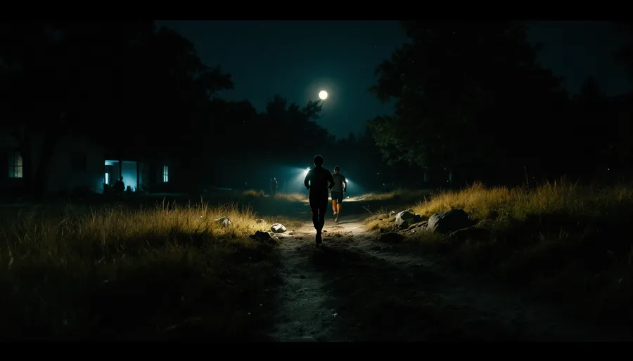 Dos corredores con frontal encendido por un camino de tierra de noche, bajo la luna, con el campamento iluminado al fondo