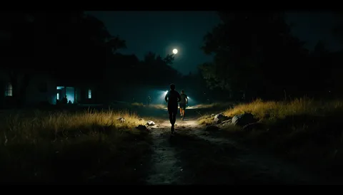 Dos corredores con frontal encendido por un camino de tierra de noche, bajo la luna, con el campamento iluminado al fondo