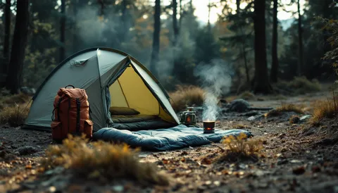 Campamento base minimalista en el bosque al anochecer: tienda pequeña, mochila, esterilla y hornillo humeante.