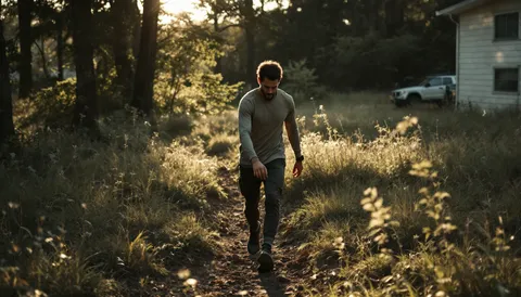 Corredor caminando cabizbajo por un sendero entre hierba alta a última hora de la tarde, con una casa y un todoterreno al fondo