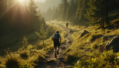 Corredor con mochila subiendo un sendero de tierra entre pinos al amanecer, con otro corredor más adelante en el camino