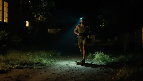 Corredor de noche iluminando un camino de tierra con su frontal, con una casa iluminada al fondo.