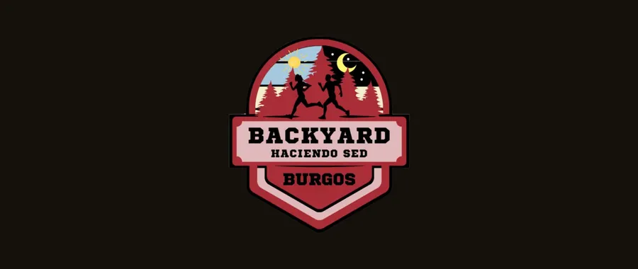 Emblema de la Backyard Haciendo Sed Burgos: dos siluetas de corredores sobre un bosque de pinos, con el lado izquierdo de día y el derecho de noche, y los rótulos «BACKYARD», «HACIENDO SED» y «BURGOS».