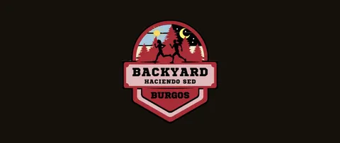 Emblema de la Backyard Haciendo Sed Burgos: dos siluetas de corredores sobre un bosque de pinos, con el lado izquierdo de día y el derecho de noche, y los rótulos «BACKYARD», «HACIENDO SED» y «BURGOS».