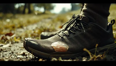 Primer plano de una zapatilla de trail desgastada y un calcetín de lana, con un apósito antiampollas sobre el empeine.