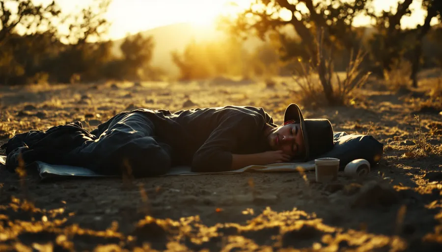 Corredor dormido con sombrero sobre una esterilla en mitad del campo, a la luz dorada del atardecer.