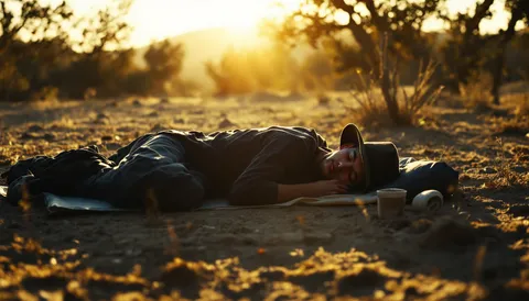 Corredor dormido con sombrero sobre una esterilla en mitad del campo, a la luz dorada del atardecer.
