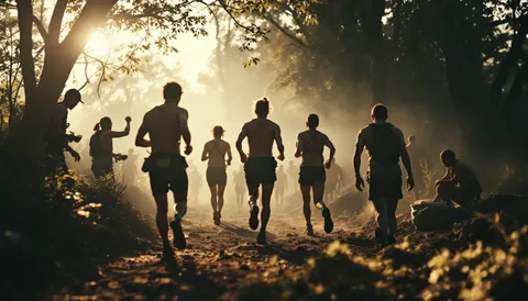 Grupo de corredores de espaldas avanzando por un sendero boscoso al amanecer, entre niebla y luz filtrada por los árboles