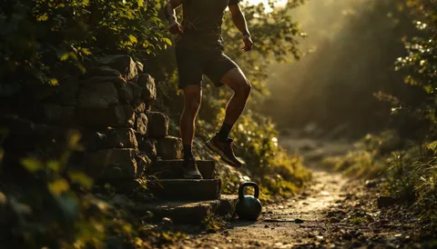 Corredor subiendo de un solo apoyo un escalón de piedra en un sendero al amanecer, con una kettlebell en el suelo al lado