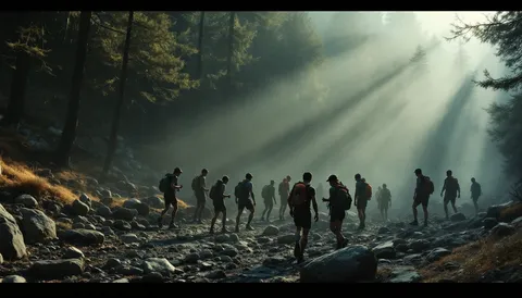 Grupo de corredores avanzando por un sendero pedregoso de montaña entre pinos, con los rayos del sol atravesando la niebla del amanecer