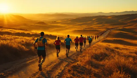 Grupo de corredores con equipación de selección nacional corriendo juntos por un circuito de tierra de backyard ultra a la luz dorada del atardecer