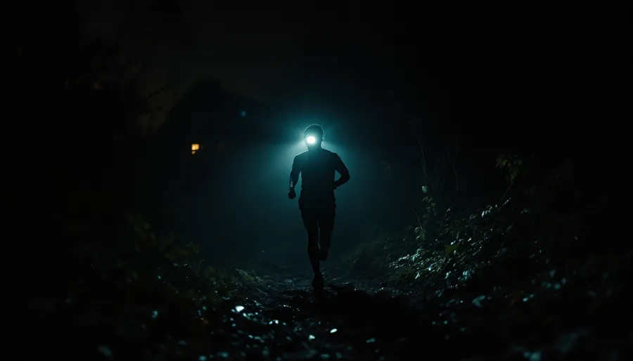 Silueta de un corredor avanzando de noche por un sendero, iluminado solo por la luz de su frontal.