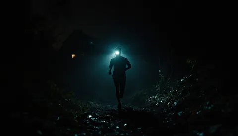 Silueta de un corredor avanzando de noche por un sendero, iluminado solo por la luz de su frontal.