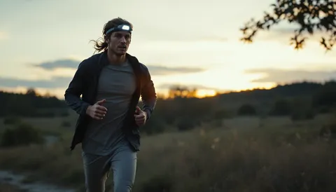 Corredor con frontal encendido y chaqueta abierta sobre camiseta, corriendo por campo abierto al anochecer