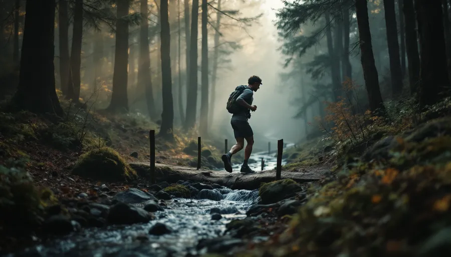 Corredor cruzando un arroyo por un tronco en un bosque con niebla, con el agua corriendo entre rocas en primer plano