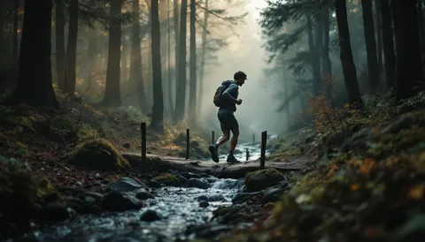 Corredor cruzando un arroyo por un tronco en un bosque con niebla, con el agua corriendo entre rocas en primer plano