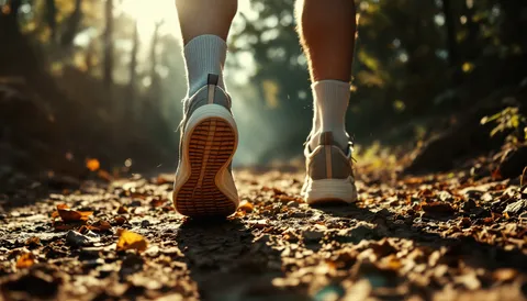 Primer plano de los pies de un corredor de espaldas, con calcetines altos y zapatillas, sobre un camino cubierto de hojas secas