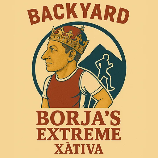 Emblema cuadrado del Backyard Borja's Extreme Xàtiva: busto de perfil de un corredor con corona de rey dentro de un círculo, con una montaña y la silueta de un corredor al fondo, y el texto "Backyard Borja's Extreme Xàtiva".