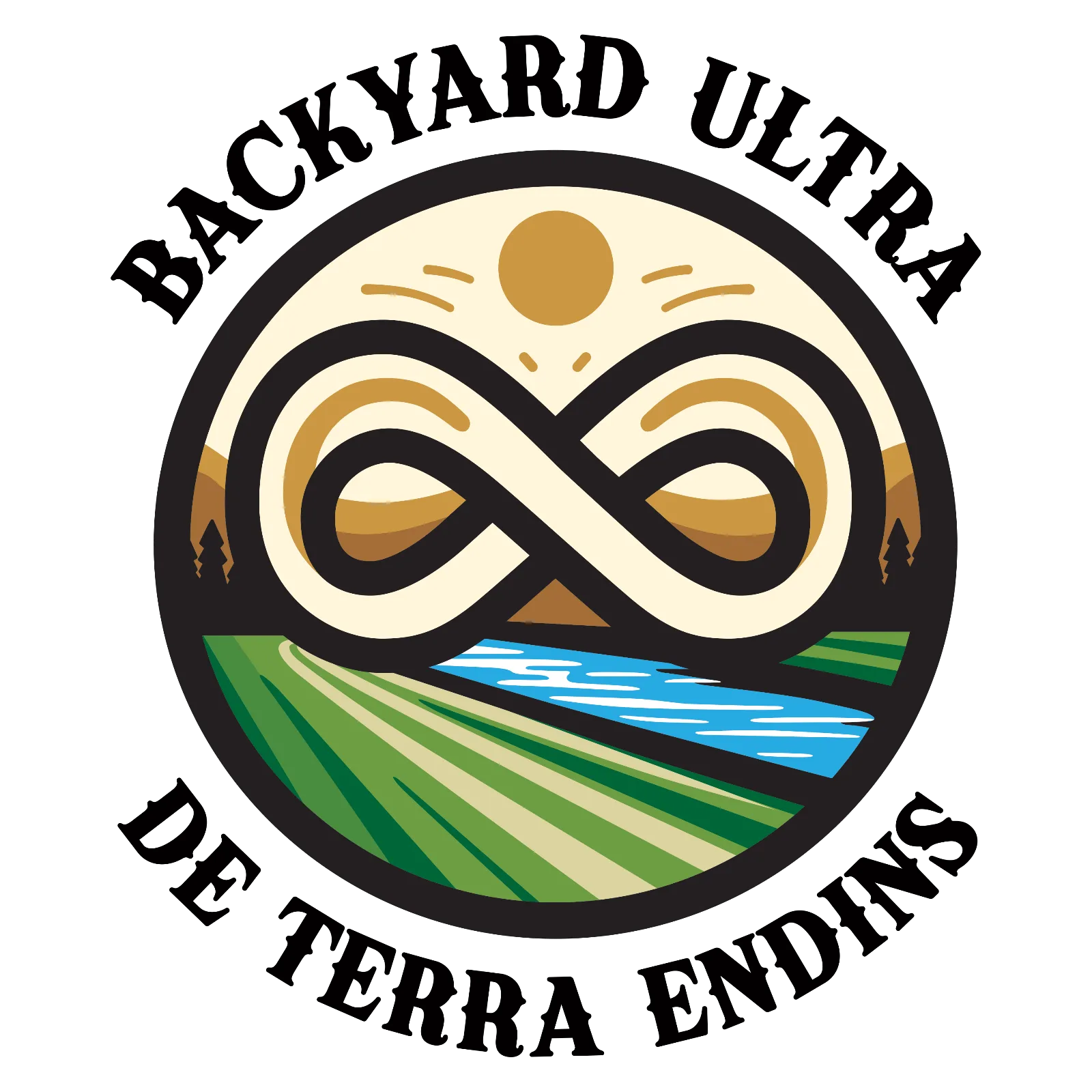Emblema circular del Backyard Ultra de Terra Endins: un símbolo de infinito en color crema y ocre sobre un paisaje de campos verdes atravesados por un camino y un río azul, con un sol dorado arriba y pinos a los lados, rodeado por el texto "BACKYARD ULTRA DE TERRA ENDINS".