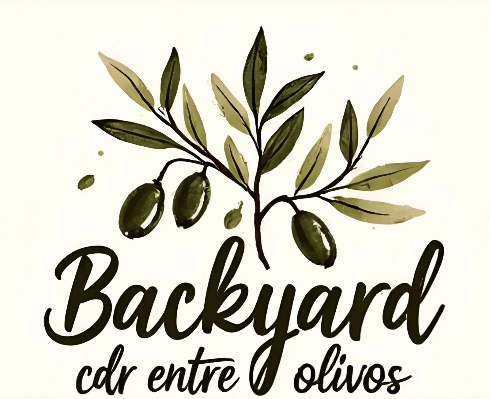 Logotipo de la Backyard Ultra Solidaria CdR «Entre Olivos»: una rama de olivo pintada a la acuarela en verdes y tonos oliva, con tres aceitunas, sobre fondo crema, y debajo el texto manuscrito «Backyard cdr entre olivos».