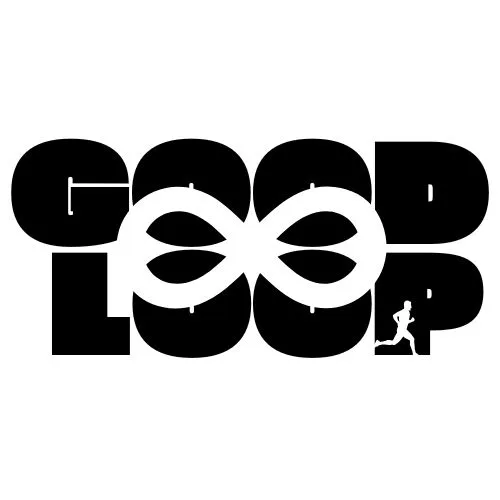 Logotipo del Good Loop Backyard Ultra: el texto «GOOD LOOP» en letras negras muy gruesas sobre fondo blanco, con las dos O de «LOOP» fundidas en un símbolo de infinito y la silueta de un corredor recortada dentro de la P.