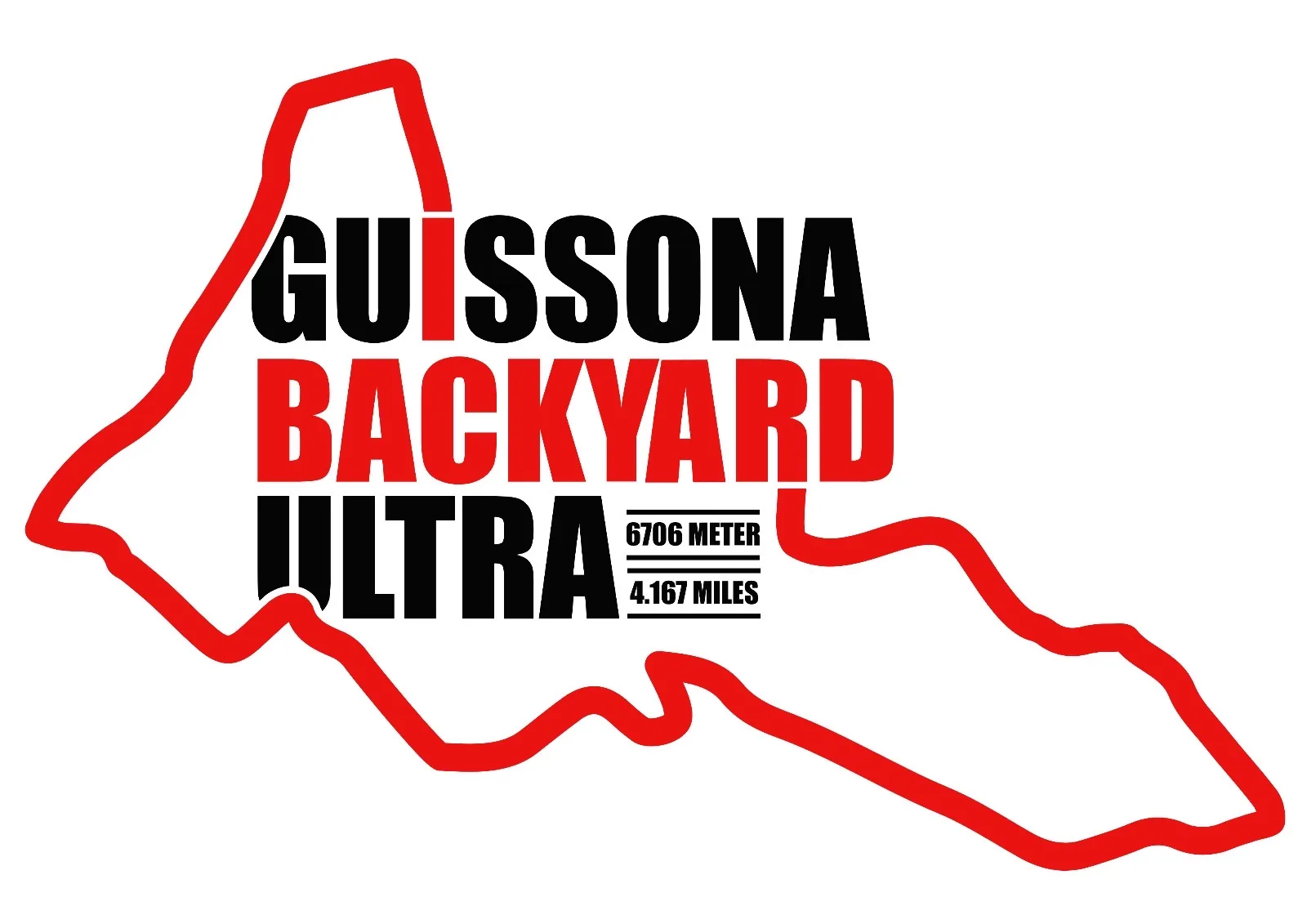 Logotipo del Guissona Backyard Ultra: silueta cerrada trazada con una línea roja gruesa sobre fondo blanco y, en su interior, el texto "GUISSONA" en negro, "BACKYARD" en rojo y "ULTRA" en negro junto a las medidas 6706 METER y 4.167 MILES.