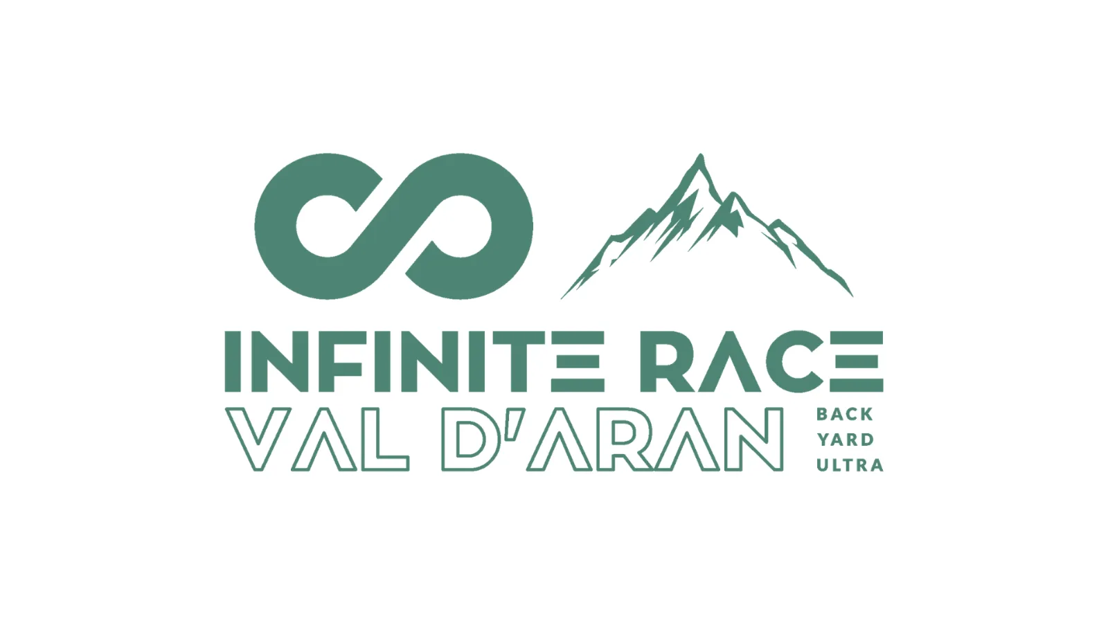 Logotipo del Infinite Race Val d'Aran Backyard Ultra en verde sobre fondo blanco: un símbolo de infinito junto a una montaña nevada dibujada a trazos y, debajo, el texto "INFINITE RACE VAL D'ARAN" con "BACK YARD ULTRA" en letra pequeña a la derecha.