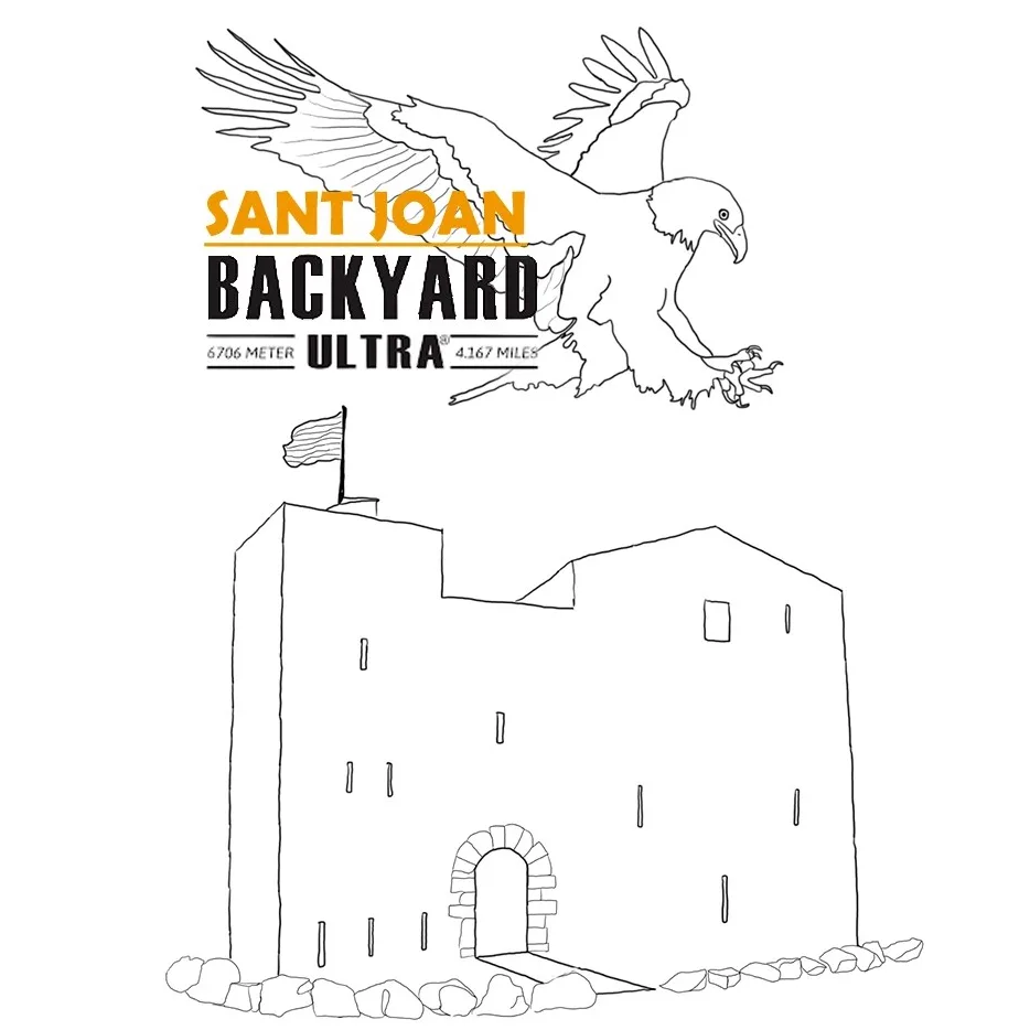 Logotipo del Sant Joan Backyard Ultra: un águila con las alas abiertas descendiendo sobre la torre medieval de Sant Joan les Fonts, dibujadas a línea, con el texto «SANT JOAN BACKYARD ULTRA · 6706 METER · 4.167 MILES».